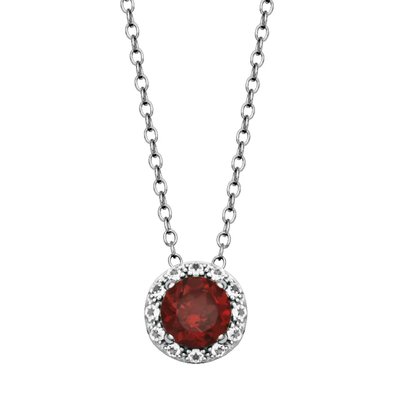 cubic zirconia necklaces-Sterling Silver Garnet & White Topaz Halo Necklace by Samuel B.