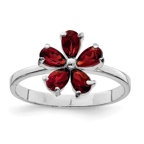 floral engagement ring for women -Sterling Silver Genuine Pear Garnet Flower Ring