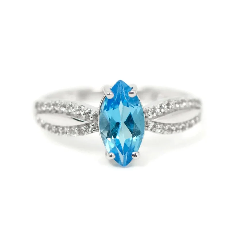 classic gold band ring for men -Sterling Silver Genuine Swiss Blue Topaz Marquise & White Topaz Ring