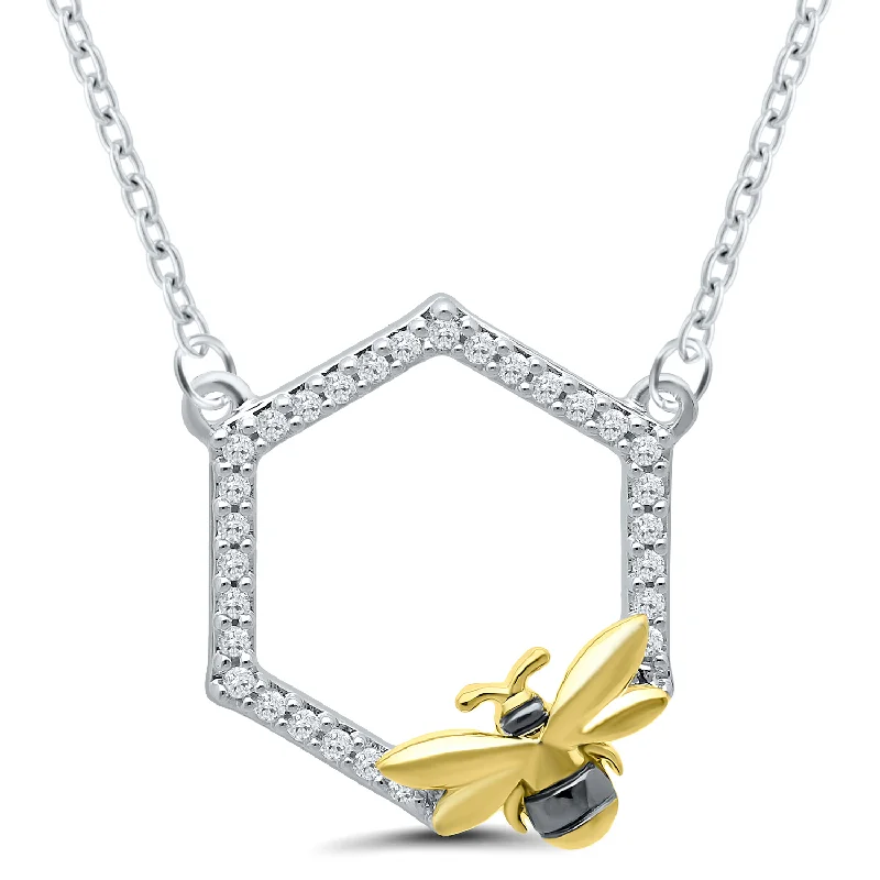 men’s chain necklaces-Sterling Silver & Gold Plated 0.10ctw Diamond Hexagon Bee Necklace