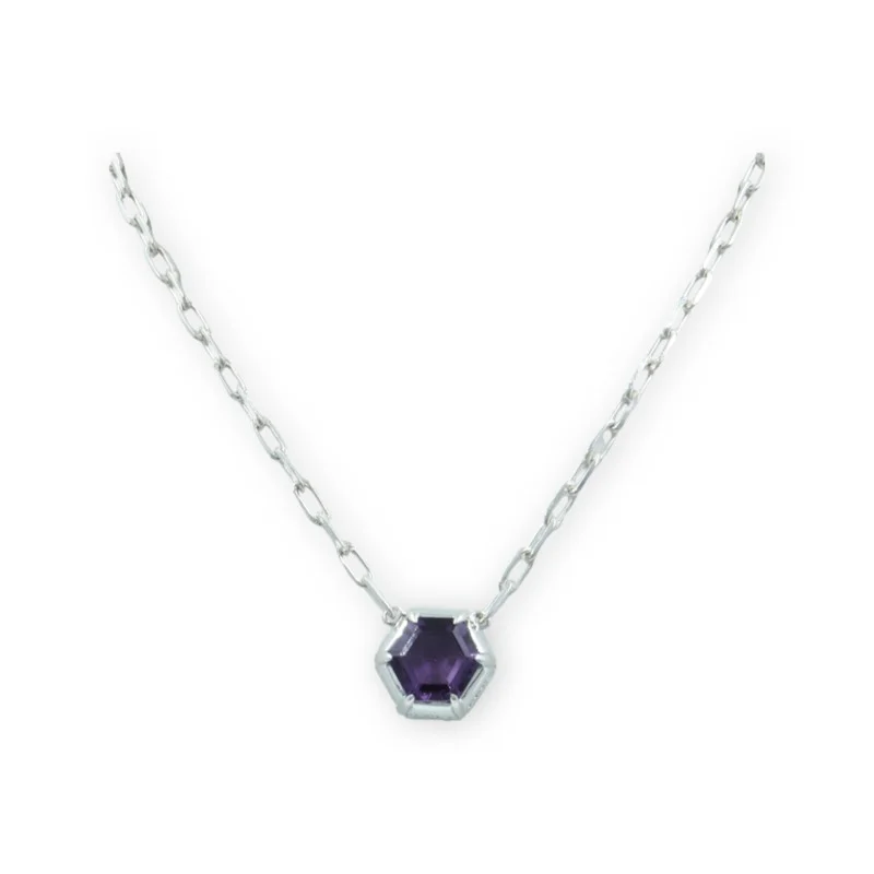 gold lock necklaces-Sterling Silver Hexagon Amethyst Solitaire Necklace by Samuel B.