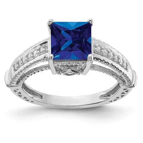 pearl engagement ring for women -Sterling Silver Lab-Created Blue Sapphire Square Princess & CZ Ring