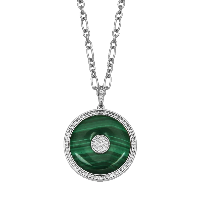 personalized birthstone necklaces-Sterling Silver Malachite & WhiteTopaz Medallion Necklace by Samuel B.