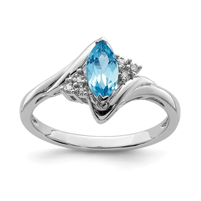 classic gold band ring for men -Sterling Silver Marquise Light Swiss Blue Topaz and Diamond Ring