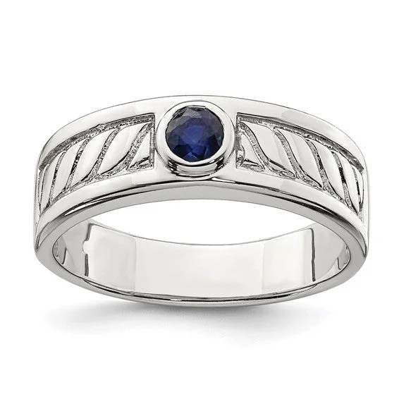 men’s black tungsten wedding band -Sterling Silver Men's Bezel Blue Sapphire Textured Band Ring