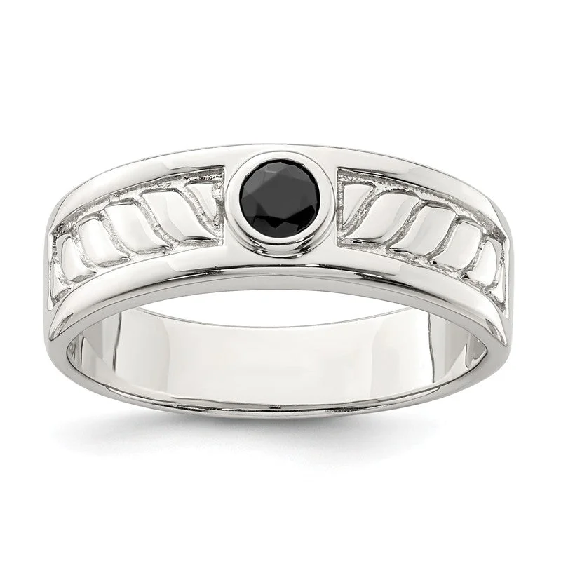 gold ring for men with engraving -Sterling Silver Men's Bezel Onyx Textured Band Ring