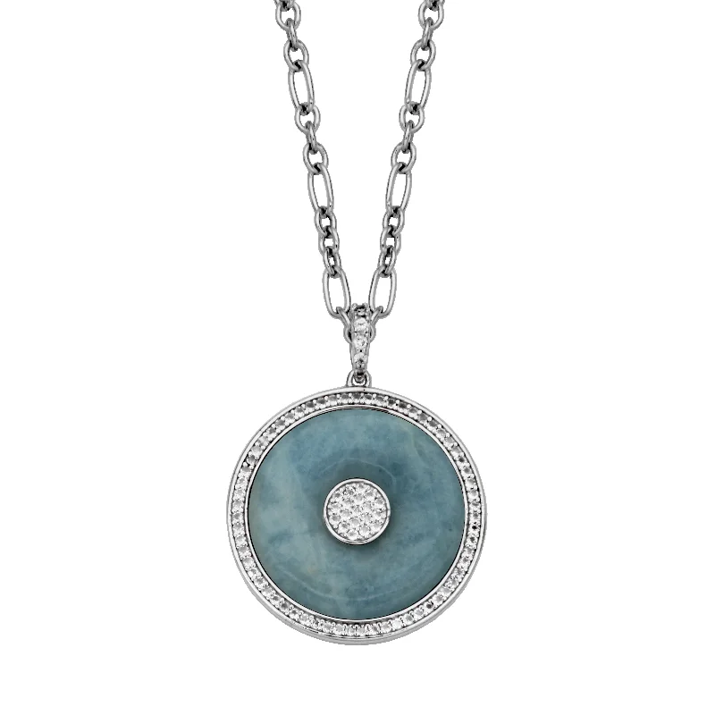 silver lock necklaces-Sterling Silver Milky Aquamarine & White Topaz Medallion Necklace by Samuel B.