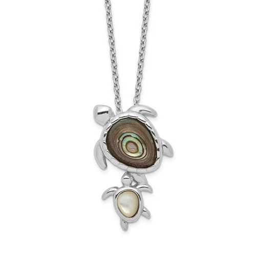 unique necklaces for women-Sterling Silver Mother and Baby Paua Abalone And Mother of Pearl Turtle 18" Necklace