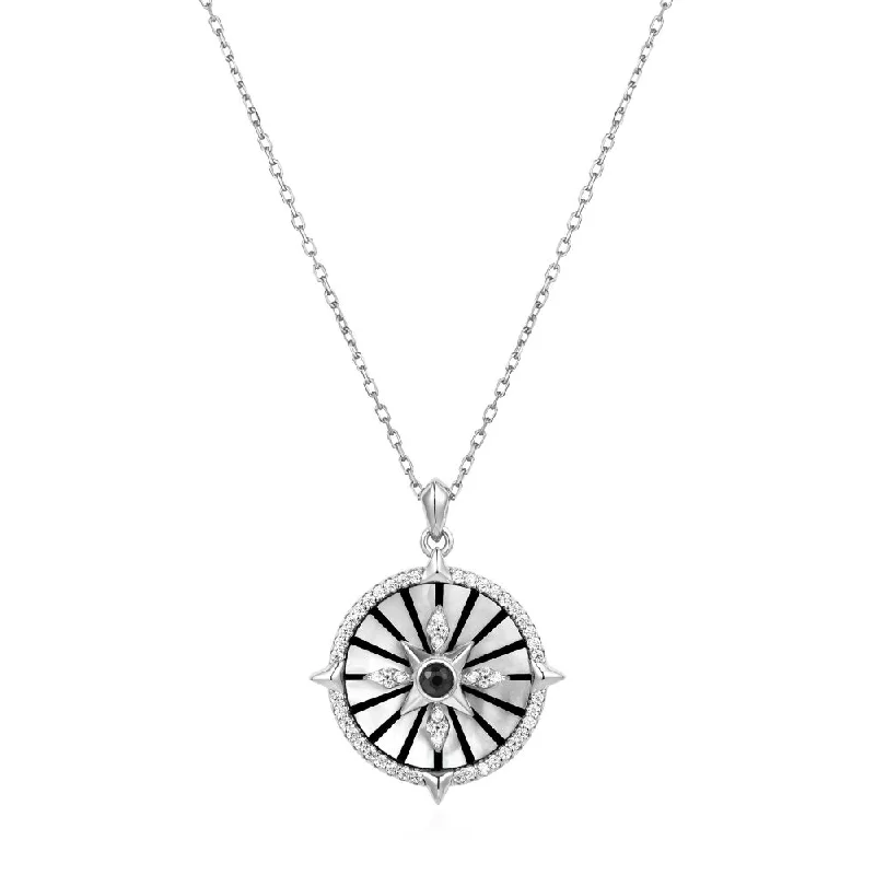 women’s crystal necklaces-Sterling Silver Mother of Pearl, Black Agate and Enamel Astrolabe Necklace by Ania Haie