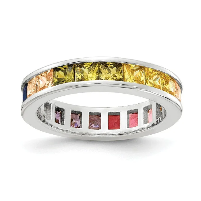 heart-shaped diamond ring for her -Sterling Silver Multi Color Rainbow Princess Square Channel Set CZ Eternity Band Ring