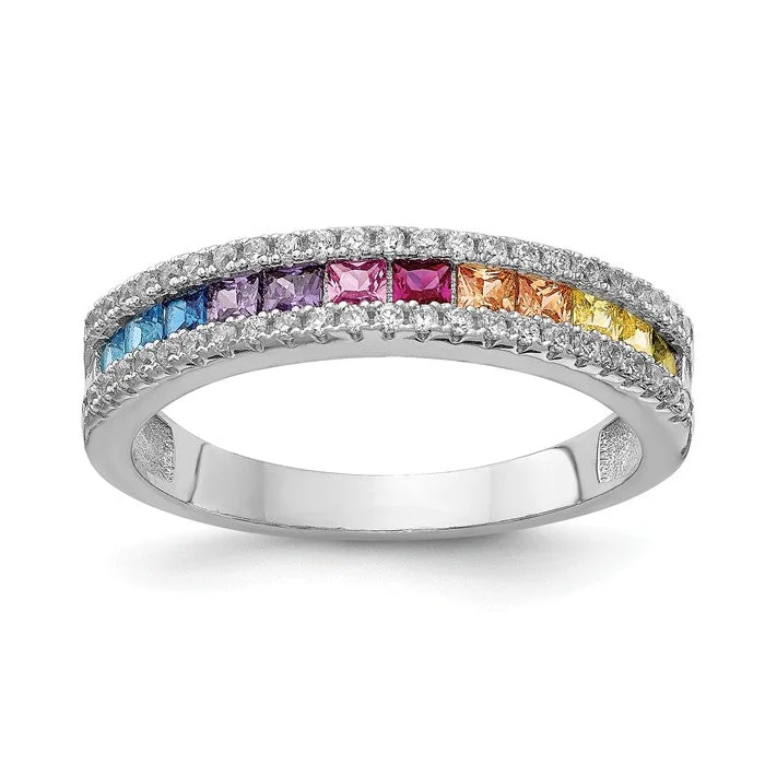 ruby engagement ring for women -Sterling Silver Multi Color Rainbow Princess Square Channel Set CZ Ring