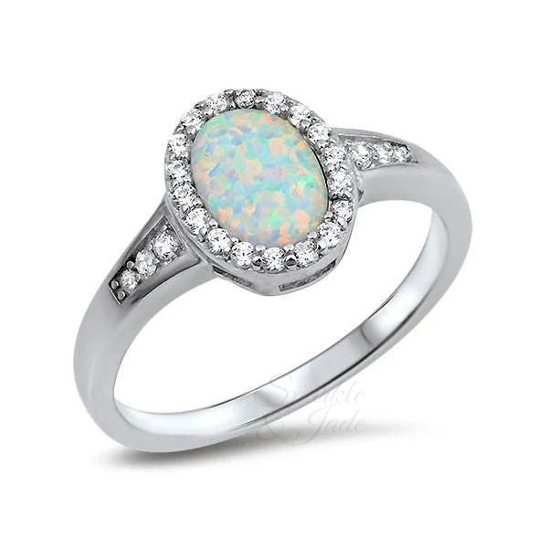 men’s titanium ring for everyday wear -Sterling Silver Oval Created White Opal Halo Ring