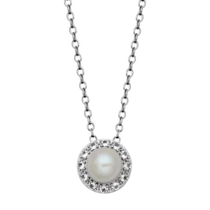 boho style necklaces-Sterling Silver Pearl & White Topaz Halo Necklace by Samuel B.