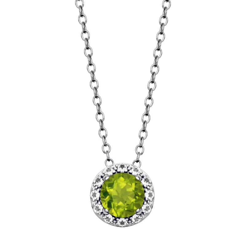 zodiac necklaces for women-Sterling Silver Peridot & White Topaz Halo Necklace by Samuel B.