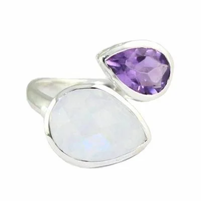 silver eternity ring for women -Sterling Silver Rainbow Moonstone and Amethyst Pear ByPass Ring