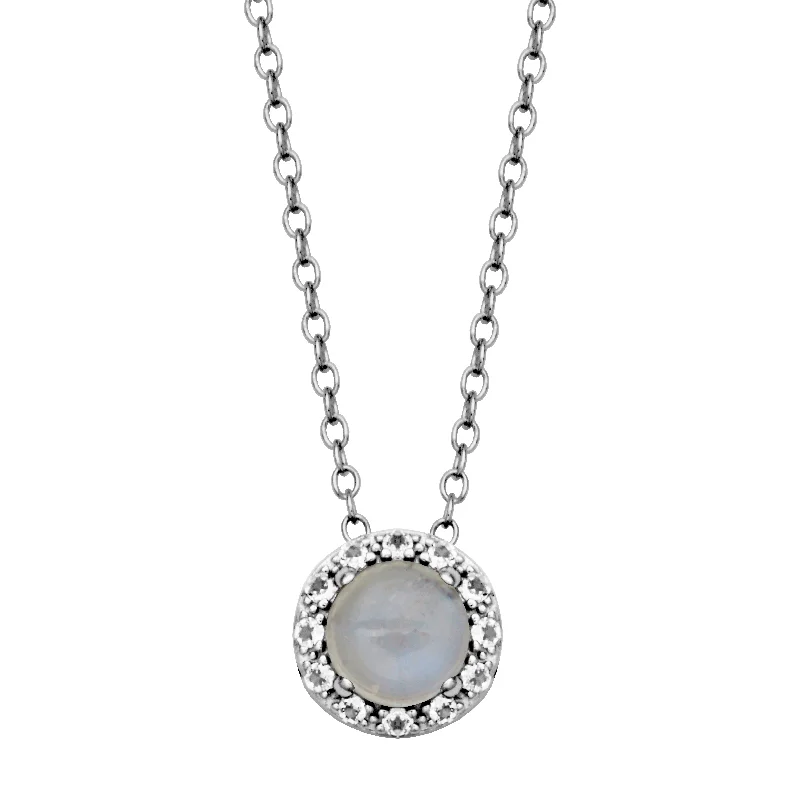 stylish necklaces for men-Sterling Silver Rainbow Moonstone & White Topaz Halo Necklace by Samuel B.