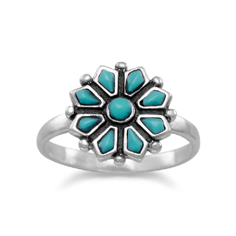 men’s wedding band with rubies -Sterling Silver Reconstituted Turquoise Flower Ring