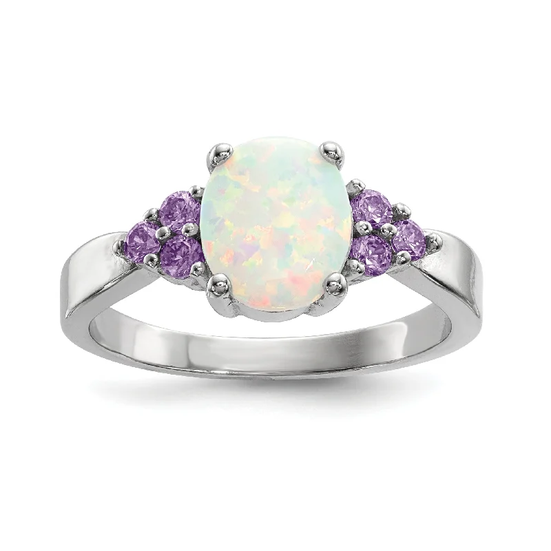 opal ring for women -Sterling Silver Oval Created Opal & Purple CZ Ring