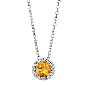 personalized photo necklaces-Sterling Silver Round Citrine & White Topaz Halo Necklace by Samuel B.