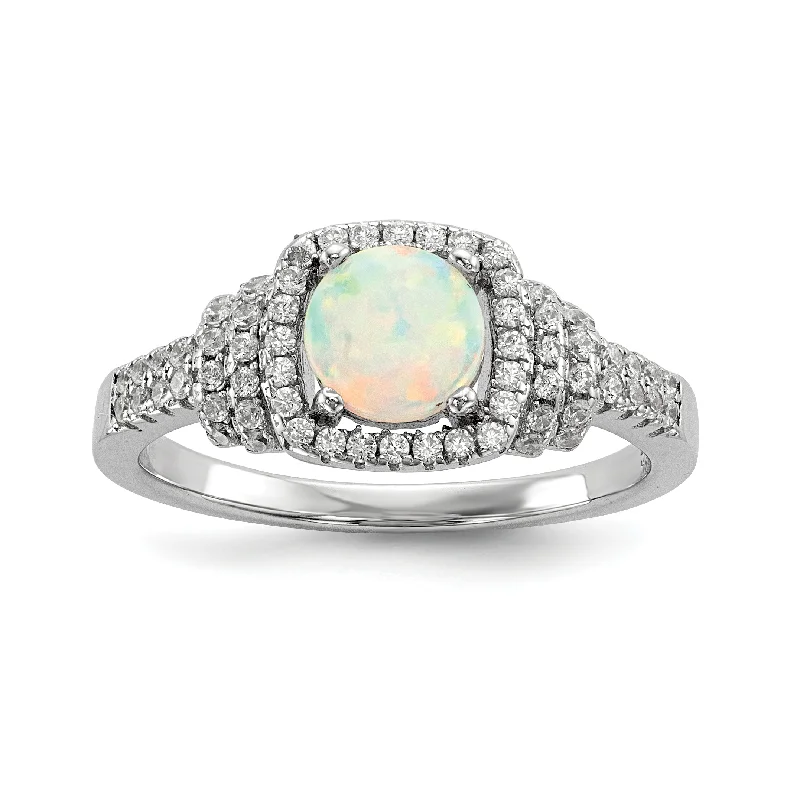 emerald ring for special occasions -Sterling Silver Round Created White Opal and CZ Halo Ring