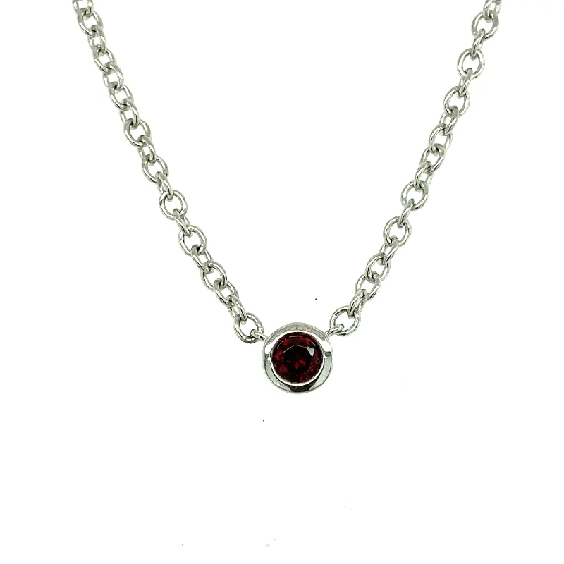 delicate silver necklaces-Sterling Silver Round Garnet Solitaire Necklace