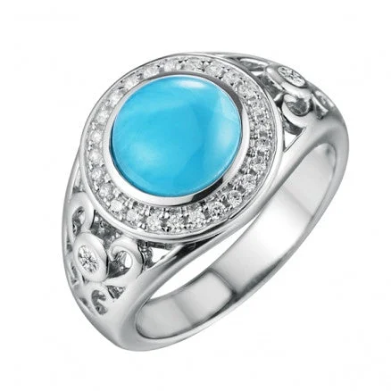 matching wedding rings for couples -Sterling Silver Alamea Round Larimar CZ Halo Filigree Ring