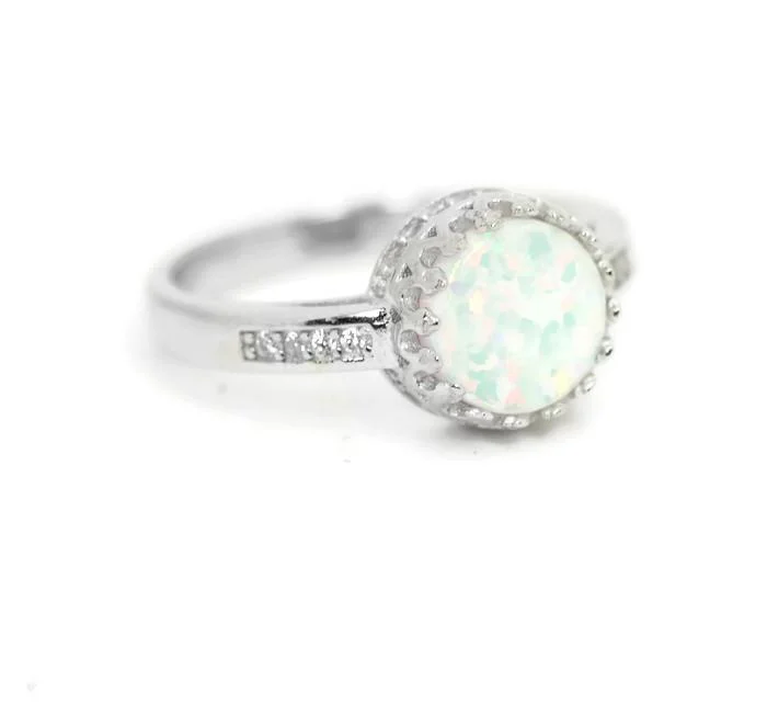 custom name ring for men -Sterling Silver Round Opal Crown Halo Ring