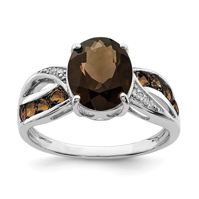 men’s wedding ring with engraving -Sterling Silver Smoky Quartz Oval and Crossed Band Diamond Ring