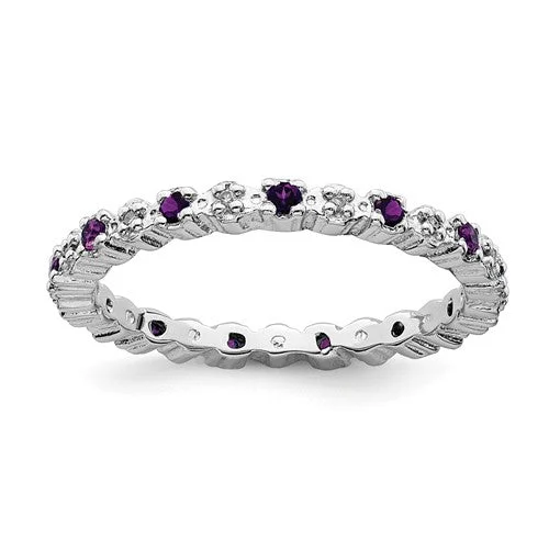 signet ring for men -Sterling Silver Stackable Expressions Amethyst & Diamond Alternating Eternity Ring