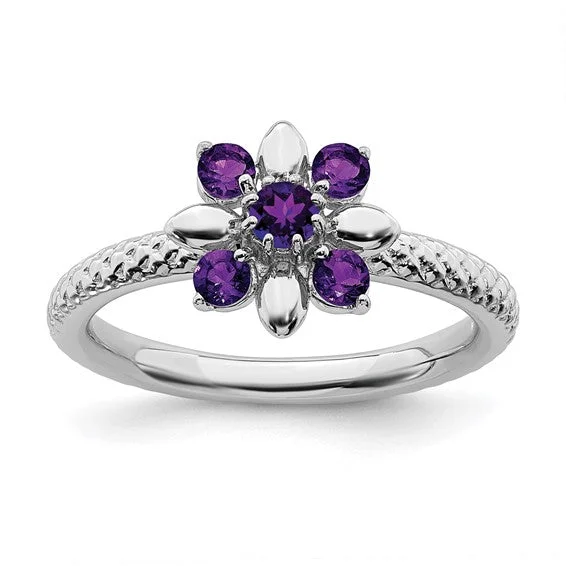 heart-shaped diamond ring for her -Sterling Silver Stackable Expressions Amethyst Flower Ring