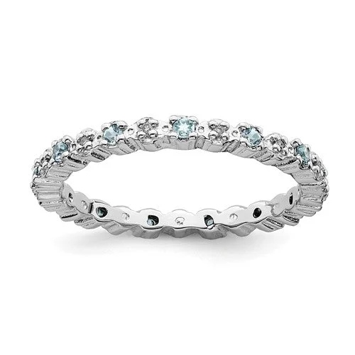 pearl engagement ring for women -Sterling Silver Stackable Expressions Light Aquamarine & Diamond Alternating Eternity Ring