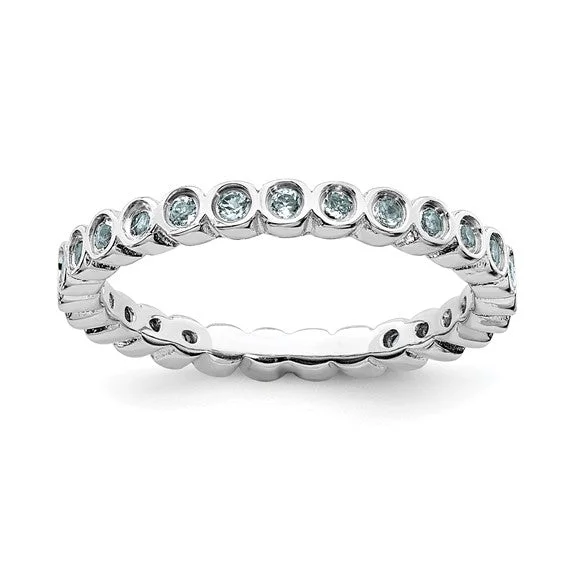 men’s diamond ring for wedding -Sterling Silver Stackable Expressions Bezel Light Aquamarine 2.25mm Eternity Band