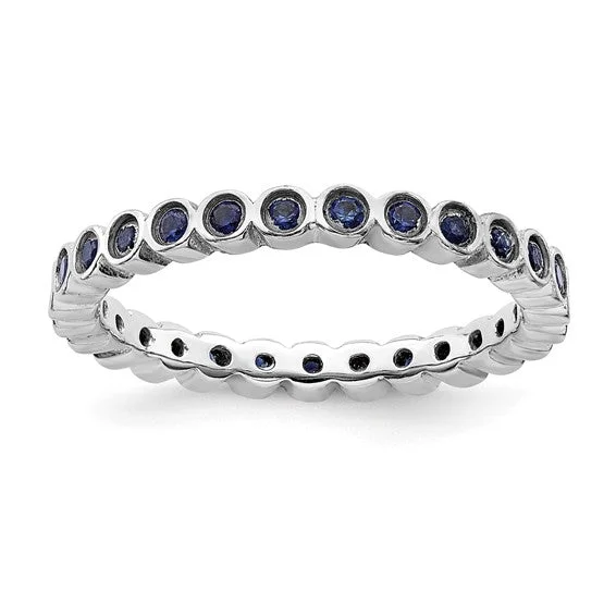 men’s engraved wedding ring -Sterling Silver Stackable Expressions Bezel Cr. Blue Sapphire 2.25mm Eternity Band