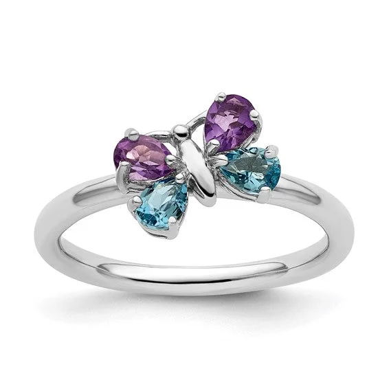 stackable rings for women -Sterling Silver Stackable Expressions Blue Topaz & Amethyst Butterfly Ring