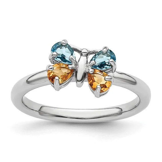 men’s gold signet ring -Sterling Silver Stackable Expressions Blue Topaz & Citrine Butterfly Ring