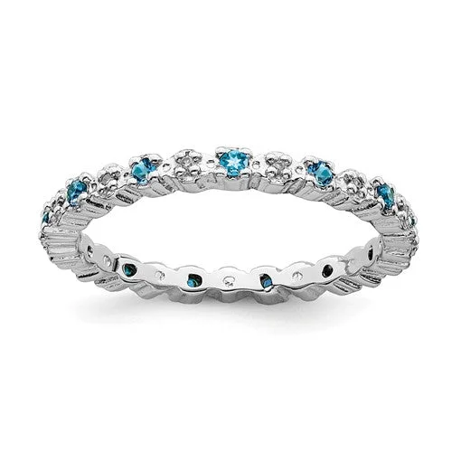 sterling silver ring for men -Sterling Silver Stackable Expressions Blue Topaz & Diamond Alternating Eternity Ring