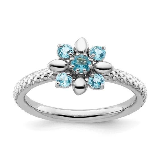 gold engagement ring for women -Sterling Silver Stackable Expressions Blue Topaz Flower Ring