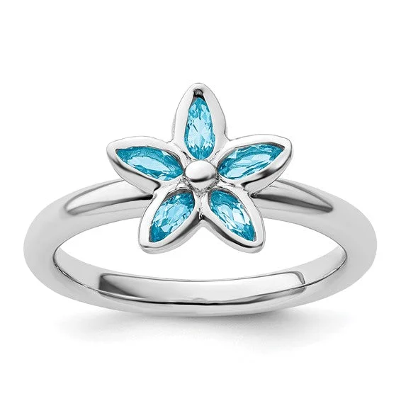 silver promise ring for couples -Sterling Silver Stackable Expressions Blue Topaz Flower Ring