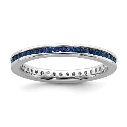 men’s wedding band with diamonds -Sterling Silver Stackable Expressions Channel Set Created Blue Sapphire Eternity Ring