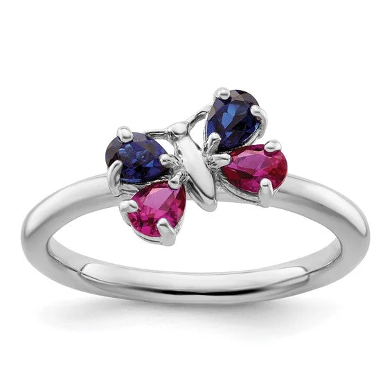 platinum diamond ring for engagement -Sterling Silver Stackable Expressions Ruby and Blue Sapphire Butterfly Ring