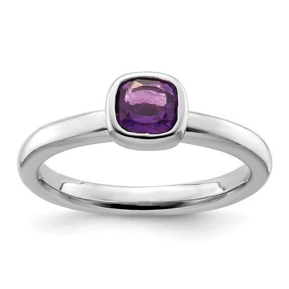 best diamond ring for weddings -Sterling Silver Stackable Expressions Cushion Cut Amethyst Ring