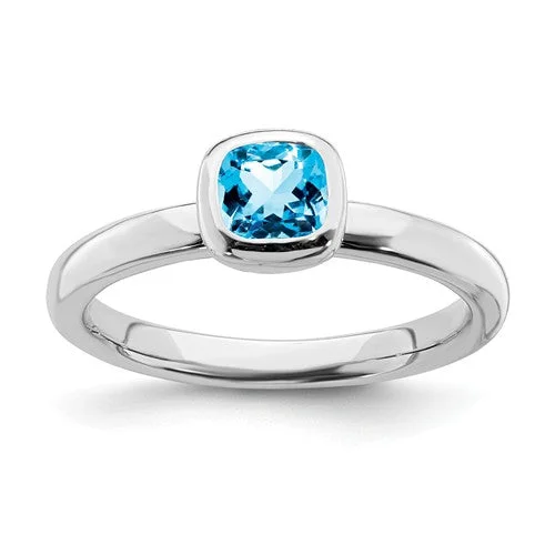 custom name ring for women -Sterling Silver Stackable Expressions Cushion Cut Blue Topaz Ring