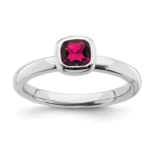 aquamarine ring for women -Sterling Silver Stackable Expressions Cushion Cut Created Ruby Ring