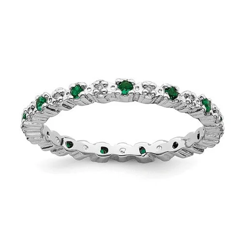 custom birthstone ring for men -Sterling Silver Stackable Expressions Emerald & Diamond Alternating Eternity Ring