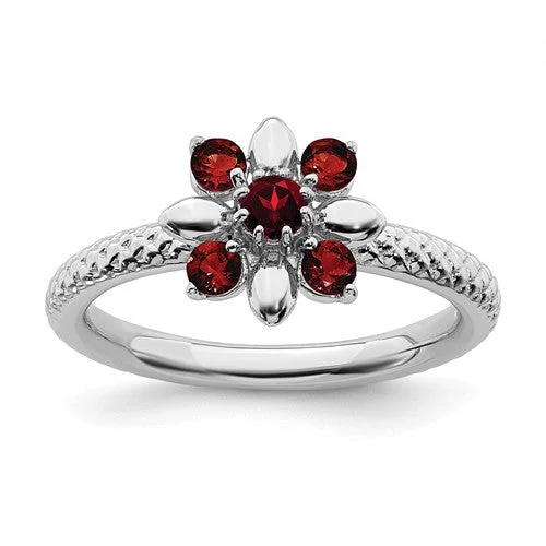 ruby engagement ring for women -Sterling Silver Stackable Expressions Garnet Flower Ring