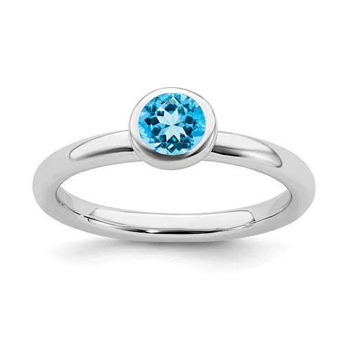 personalized birthstone ring for women -Sterling Silver Stackable Expressions Low 5mm Round Blue Topaz Ring