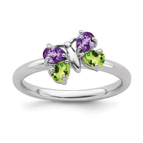 custom couple’s rings for weddings -Sterling Silver Stackable Expressions Peridot and Amethyst Butterfly Ring