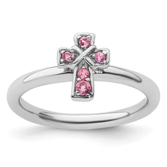 custom name ring for women -Sterling Silver Stackable Expressions Pink Tourmaline Cross Ring