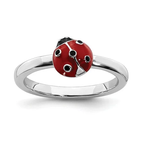 custom promise ring for women -Sterling Silver Stackable Expressions Red & Black LadyBug Ring