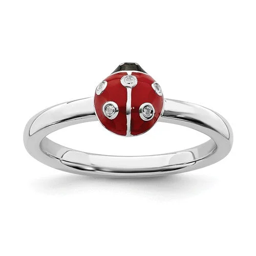 men’s black tungsten ring -Sterling Silver Stackable Expressions Red & Black LadyBug Diamond Ring